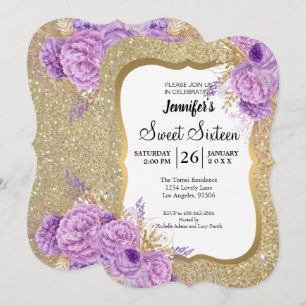 Invitación de cumpleaños Glitter Purple Floral Swe