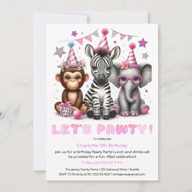 Invitación de cumpleaños Glitter Safari Mono Lindo (Anverso)
