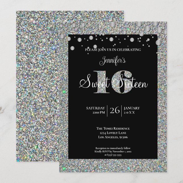 Invitación de cumpleaños Glitter Sweet 16 (Anverso / Reverso)