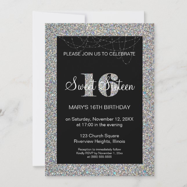 Invitación de cumpleaños Glitter Sweet 16 (Anverso)