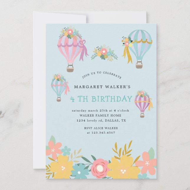 Invitación de cumpleaños globo aerostático lindo (Anverso)