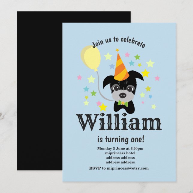 invitación de cumpleaños, globo, perrito negro (Anverso / Reverso)