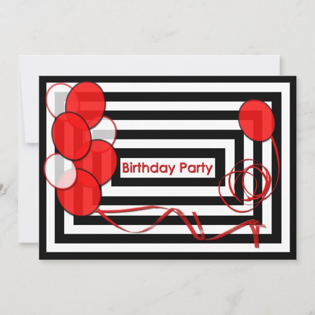Invitación de cumpleaños - Globos rojos, negros/bl (Anverso)