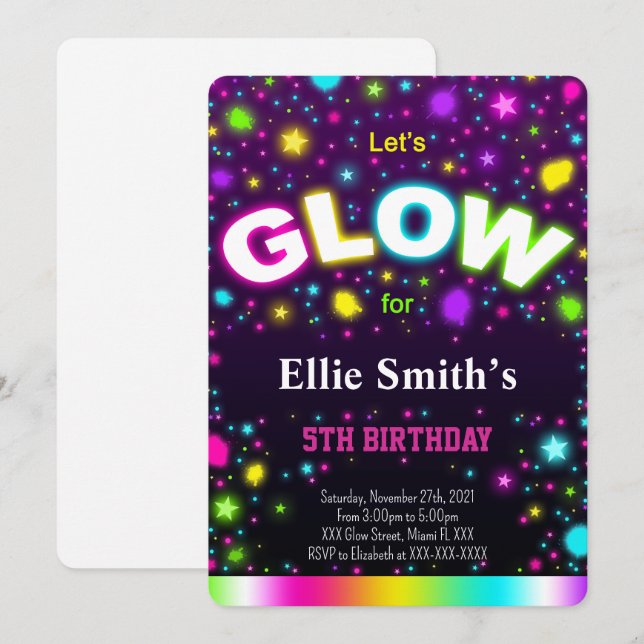 Invitación de cumpleaños Glow (Anverso / Reverso)