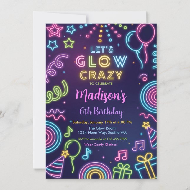 Invitación de cumpleaños Glow Party, tema Neon Glo (Anverso)