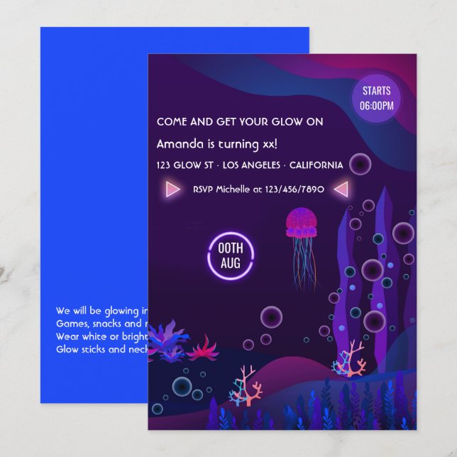 Invitación de cumpleaños Glow Under the Sea (Anverso / Reverso)