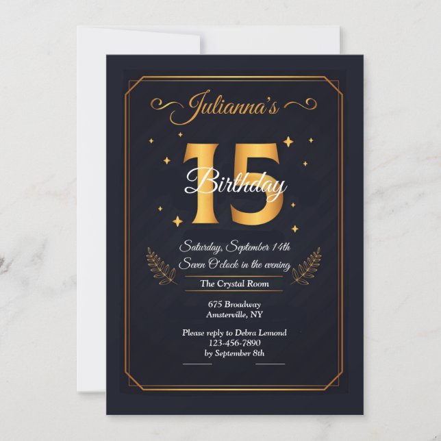 Invitación de cumpleaños Gold 15 (Anverso)