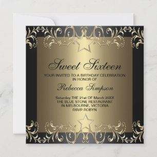 Invitación de cumpleaños Gold & Black Star Sweet 1
