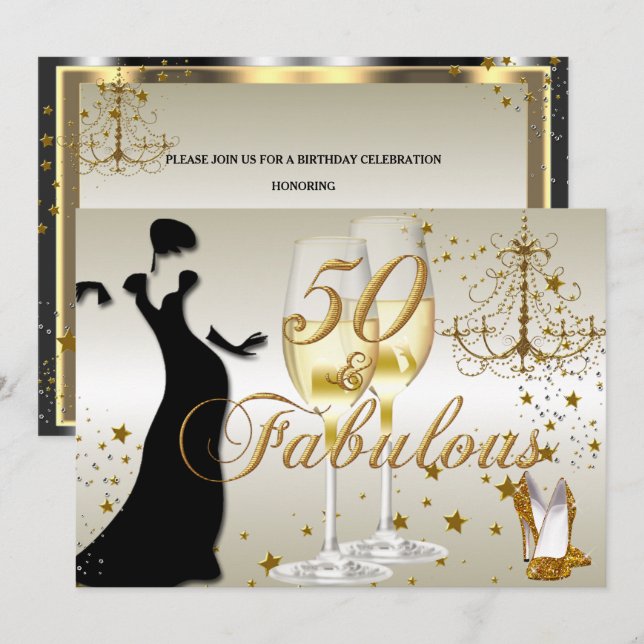 Invitación de cumpleaños Gold Sparkle 50 & Fabulos (Anverso / Reverso)