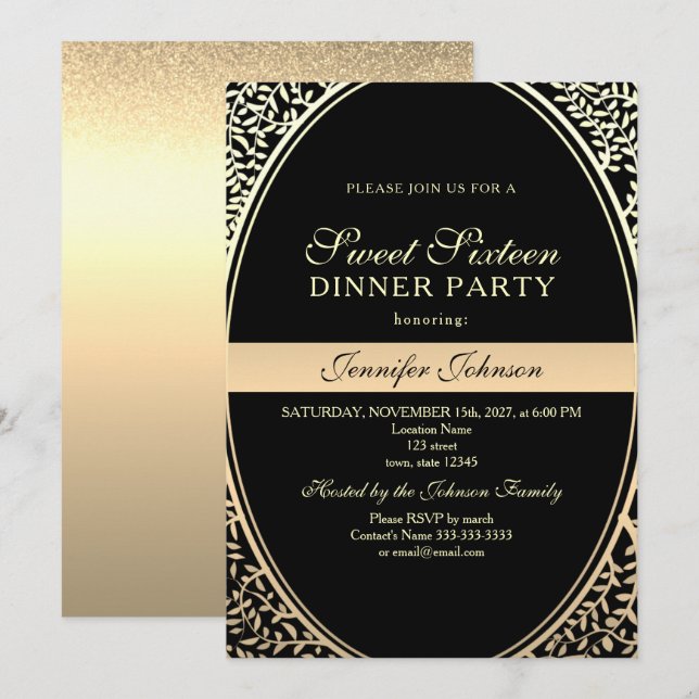 Invitación de cumpleaños Gold Sweet 16 (Anverso / Reverso)