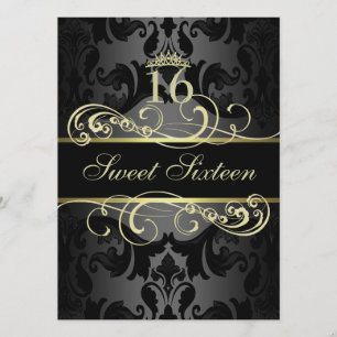 Invitación de cumpleaños Gold Swirl Damask Sweet16