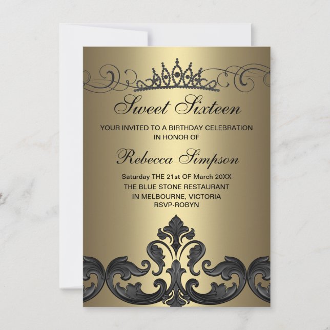 Invitación de cumpleaños Gold y Black Damask y Tia (Anverso)