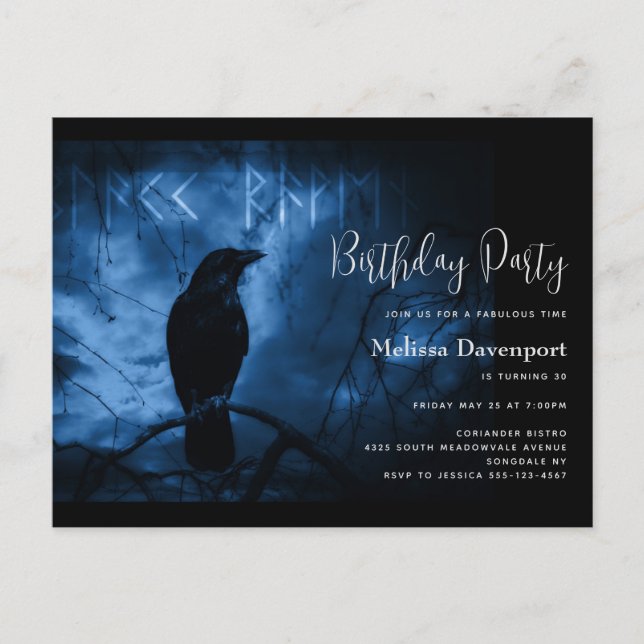 Invitación de cumpleaños gótica Cuervo Negro con R (Anverso)