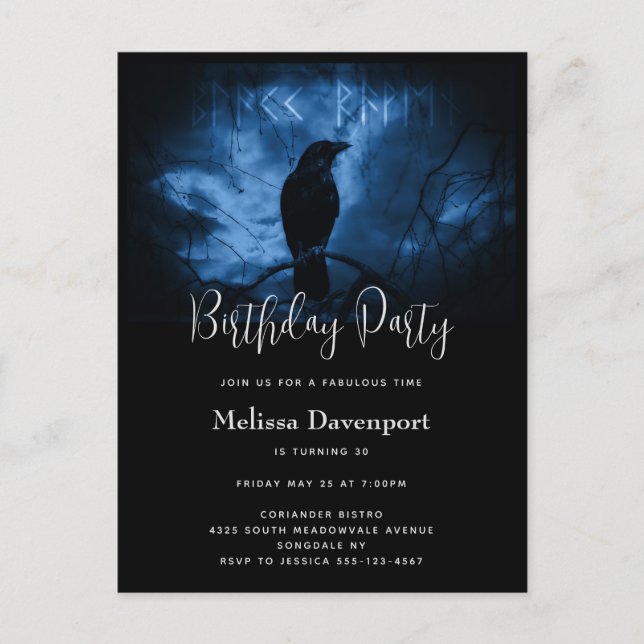 Invitación de cumpleaños gótica Cuervo Negro con R (Anverso)