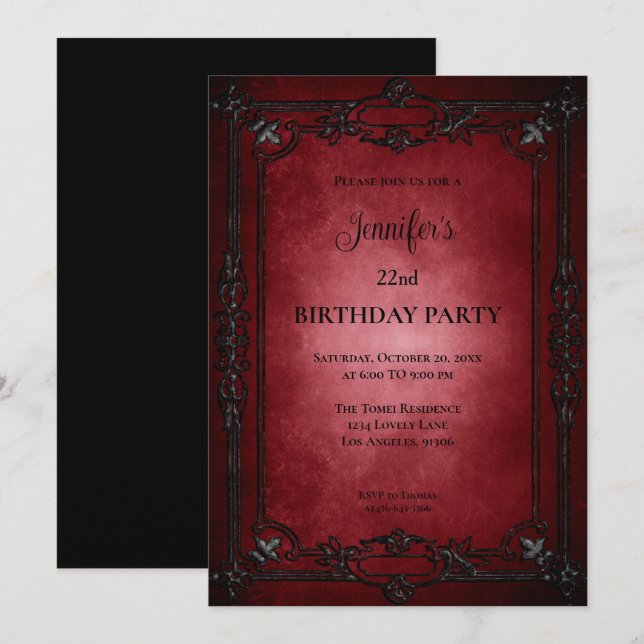 Invitación de cumpleaños gótico oscuro rojo (Anverso / Reverso)