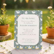 Invitación de cumpleaños granja gallina azul polvo