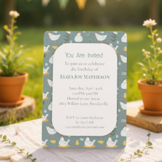 Invitación de cumpleaños granja gallina azul polvo