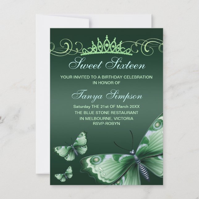Invitación de cumpleaños Green Sweet16 Butterfly & (Anverso)