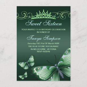Invitación de cumpleaños Green Sweet16 Butterfly &