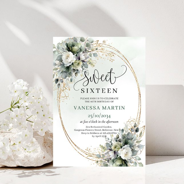 Invitación de cumpleaños Greenery Botanical Gold S (Greenery Botanical Gold Sweet 16 Birthday Invitation)
