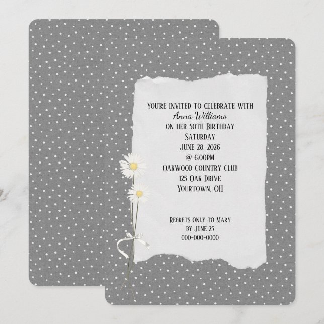 Invitación de cumpleaños gris y de punto de alfile (Anverso / Reverso)