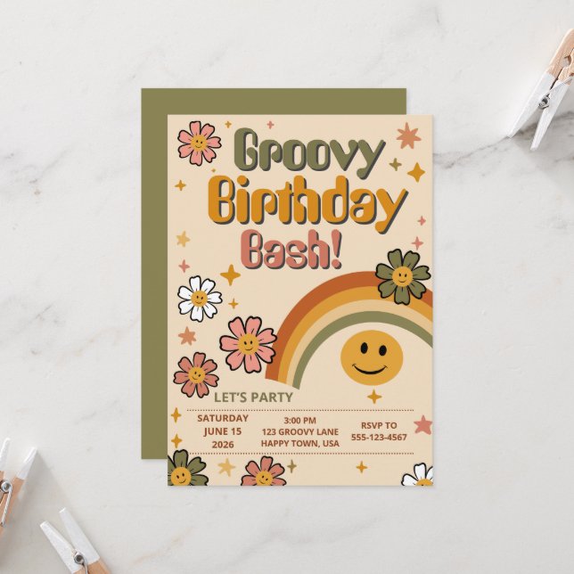 Invitación de cumpleaños Groovy Bash (Anverso/Reverso In Situ)