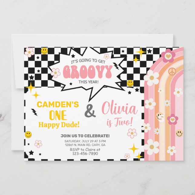 Invitación de cumpleaños GROOVY para hermano y her (Anverso)