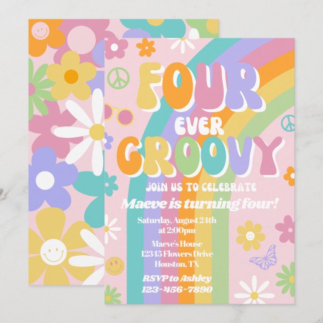 Invitación de cumpleaños groovy para siempre cuatr (Anverso / Reverso)