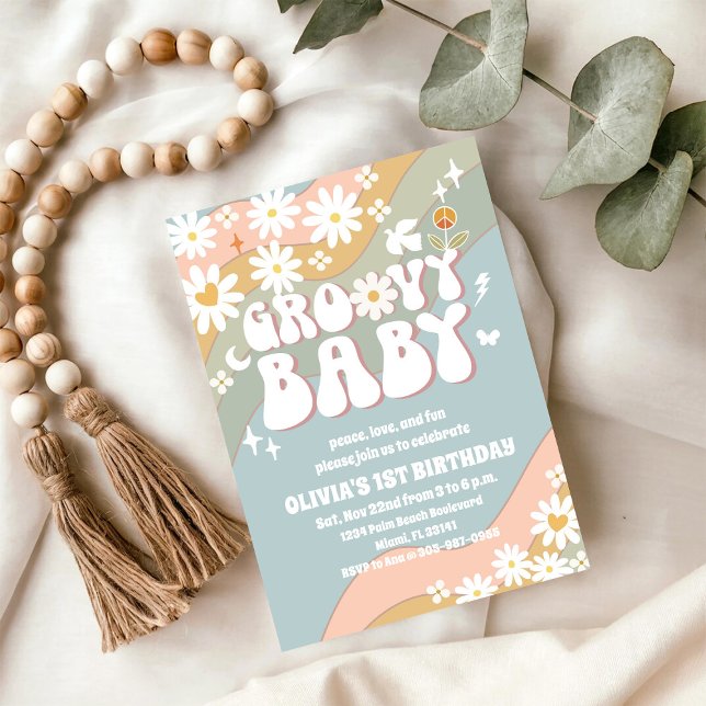 Invitación de cumpleaños Groovy Retro Daisy (Subido por el creador)