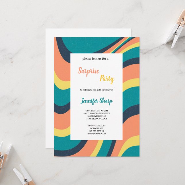 INVITACIÓN DE CUMPLEAÑOS GROOVY ROSA, AMARILLO Y A (Anverso/Reverso In Situ)