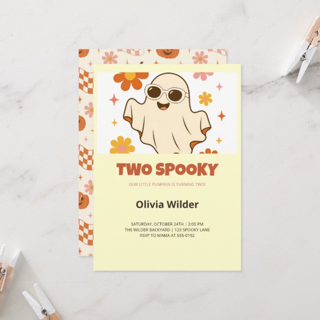 Invitación de cumpleaños Groovy Two Spooky 2do (Anverso/Reverso In Situ)