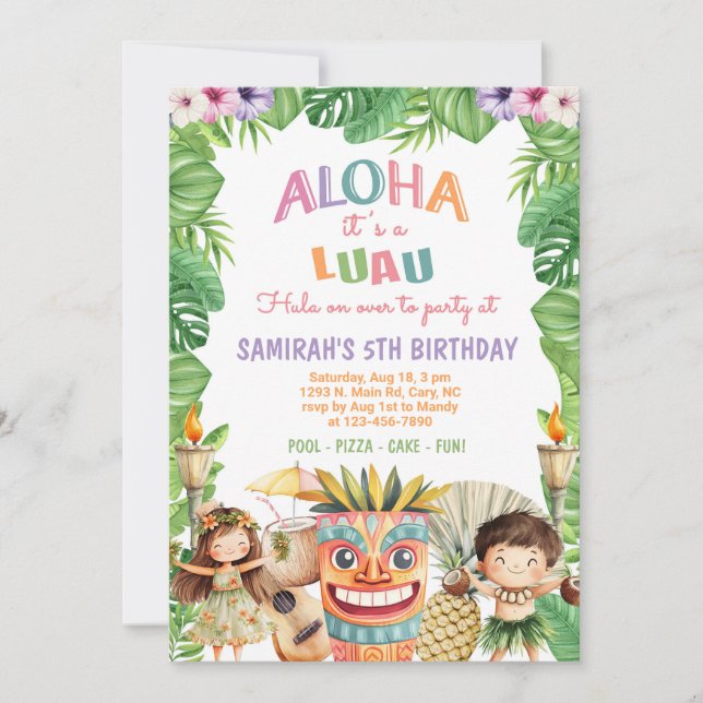 Invitación de cumpleaños hawaiano Aloha Luau, hula (Anverso)