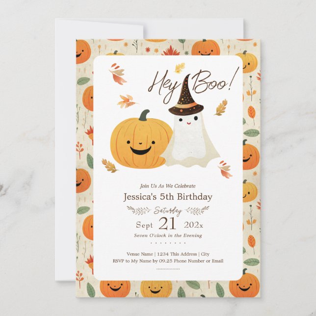 Invitación de cumpleaños Hey Boo Halloween 5 (Anverso)