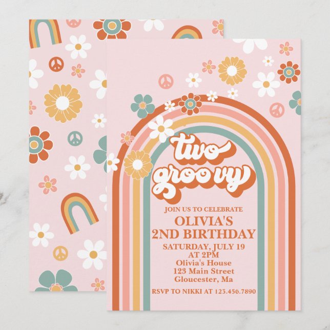 Invitación de cumpleaños Hippie Rainbow Two Groovy (Anverso / Reverso)