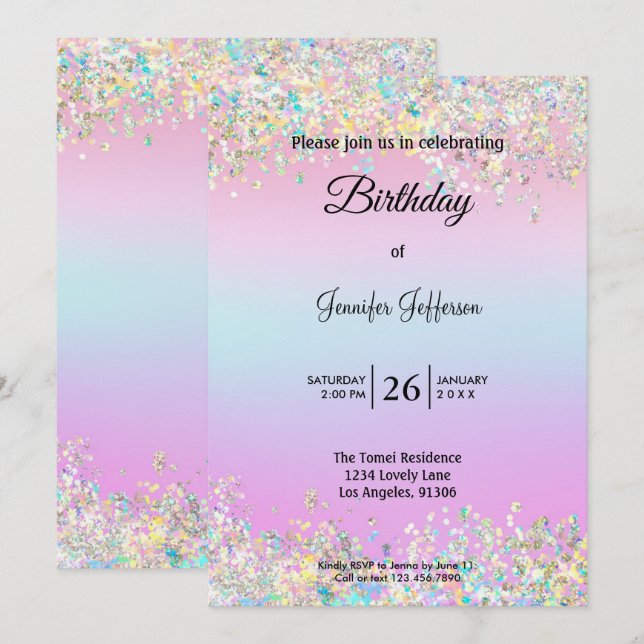Invitación de cumpleaños holográfica moderna (Anverso / Reverso)