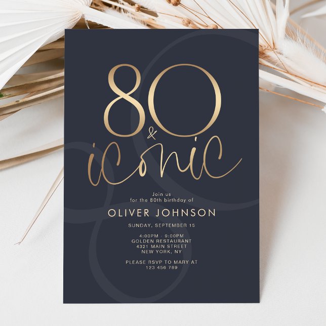 Invitación de cumpleaños icónica y Navy Gold 80 (Navy Gold 80 and Iconic Birthday Party Invitation Card)