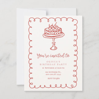 Invitación de cumpleaños ilustrada en rojo y blanc