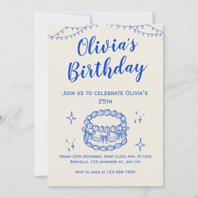 Invitación de cumpleaños ilustrativa azul beige (Anverso)