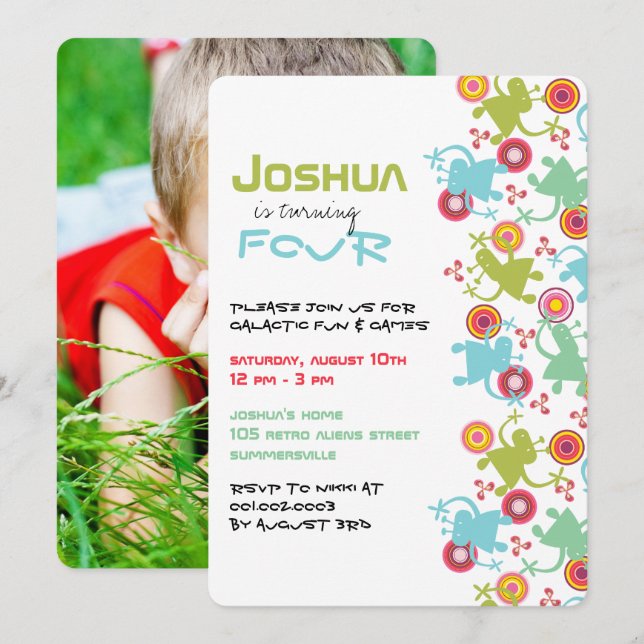 Invitación de cumpleaños infantil con aliens retro (Anverso / Reverso)