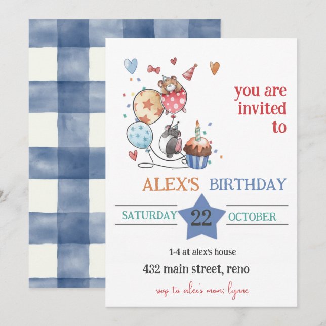 Invitación de cumpleaños infantil con erizo (Anverso / Reverso)