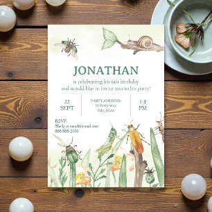 Invitación de cumpleaños infantil con insectos y b