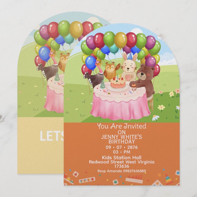 Invitación de cumpleaños infantil con tema de anim (Anverso / Reverso)