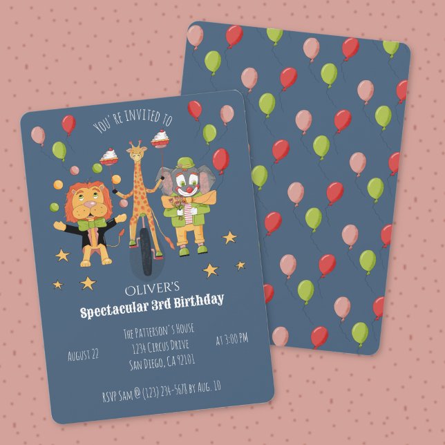 Invitación de cumpleaños infantil con tema de circ (Circus theme child's birthday dark blue invitation .)