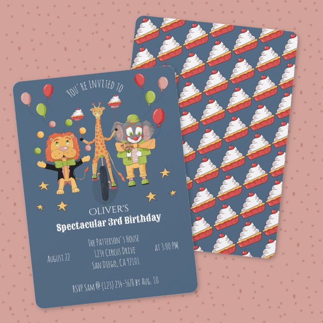 Invitación de cumpleaños infantil con tema de circ (Circus theme kid birthday dark blue invitation .)