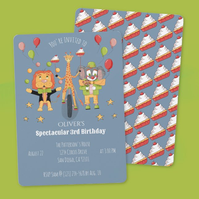 Invitación de cumpleaños infantil con tema de circ (Circus theme blue-grey kid birthday invitation with cherry pie pattern on the back . )