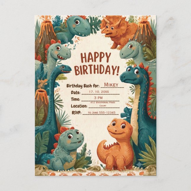 Invitación de cumpleaños infantil con tema de dino (Anverso)