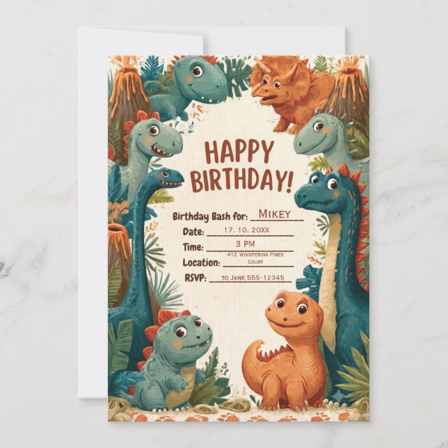 Invitación de cumpleaños infantil con tema de dino (Anverso)