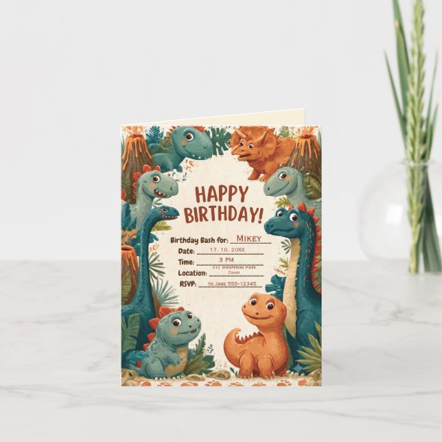 Invitación de cumpleaños infantil con tema de dino (Anverso)