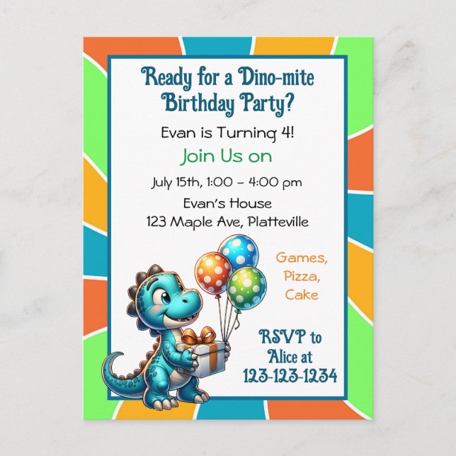 Invitación de cumpleaños infantil con tema de dino (Anverso)