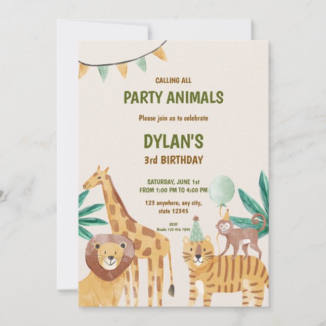 Invitación de cumpleaños infantil de animal del bo (Anverso)